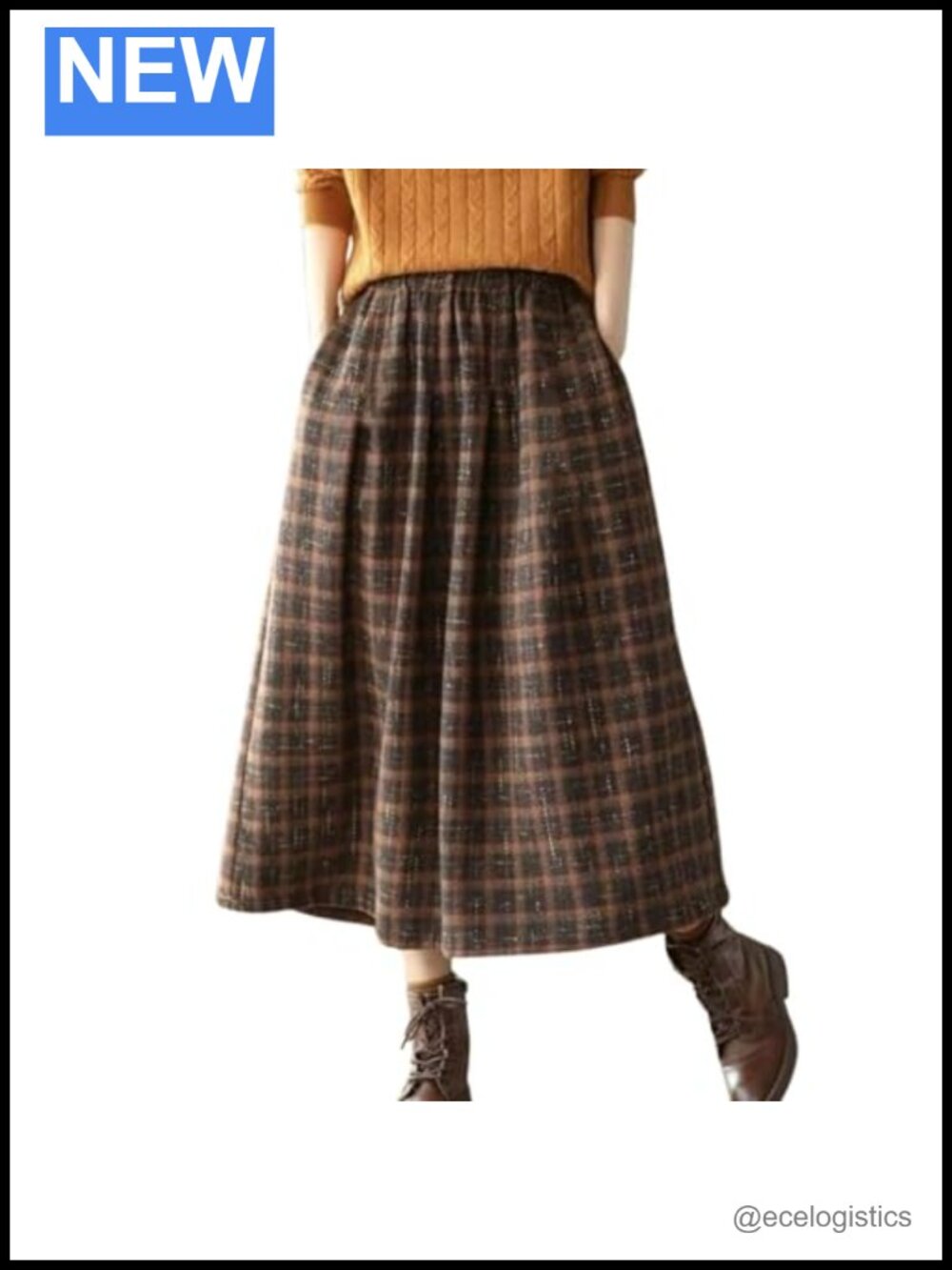 Vintage Plaid Pleated Wool Blend Skirt Midi A-Line Swing Elastic Waist with